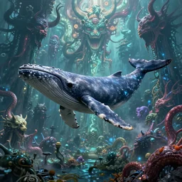 a whale flying over an eldritch apocalyptic landscape covered in monstrosities by bekinski, fantasy art, 4k, HDR, photorealistic, 8k, trending on artstation
