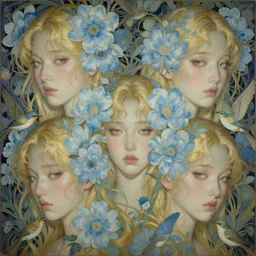 breathtaking detailed concept art painting art deco pattern of blonde faces of feminine floral korean men amalmation light - blue flowers with anxious piercing eyes and blend of flowers and birds, by hsiao - ron cheng and john james audubon, bizarre compositions, exquisite detail, extremely moody lighting, 8 k