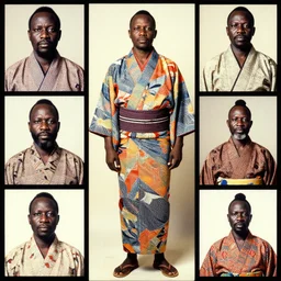 analogue photo of an african chief wearing a colourful Japanese Kimono, african facial features, full body shot, rembrandt lighting, magazine collage, 35mm, f/1.4,