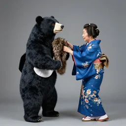 bunraku puppet, old woman pulls fur from the chest of a realistic big black bear, beautiful blue kimono, side view, studio lighting, sigma 8 5 mm f / 1. 4, hd, 8 k