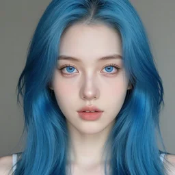 a pale girl with piercing blue eyes and dyed blue hair, soft facial features, looking directly at the camera, neutral expression, instagram picture