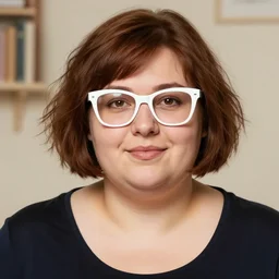 portrait of a curvy stocky romanian woman, brown hair, messy bob, straight hair, brown eyes, round nose, low eyes, romanian, laugh lines, full upper lip and thin lower lip, round face, round jaw, round nose, white glasses, glasses, big forehead, white reading glasses, librarian, wide shot, digital art, loish, art nouveau, 8 k, trending on artstation