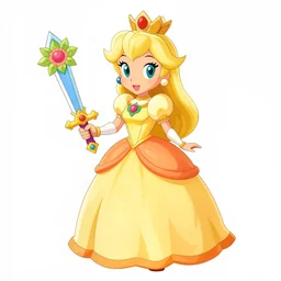 Princess Daisy in a yellow and orange dress holding a floral sword, sharp lines , pastel colors, high quality, 4k, 100lb cardstock