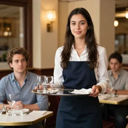 young waitress with dark long hair serving glasses in french restaurant, medium shot, serge marshennikov, jeremy lipking, joseph todorovitch