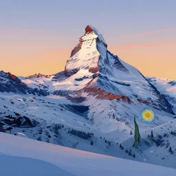 an abstract representation of the matterhorn in winter, sunset, artstation, by van gogh and picasso