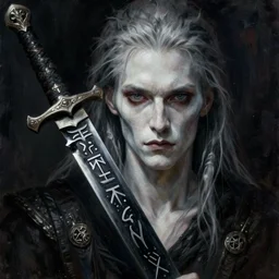 fantasy painting of a pale man with a black blade covered in runes, painted by Bayrd Wu, ultra detailed, 8k