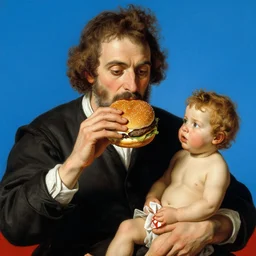 wendys eating a burger in the art style of saturn devouring his son by francisco goya