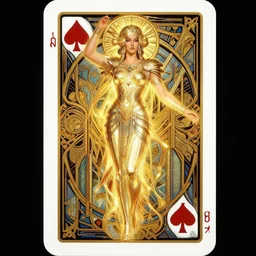 playing card of ascending full body goddess ,  intricate armor, highly detailed, glowing, action pose, cinematic, Art Deco, gold filigree, ethereal, artgerm, alfonso mucha, zdzisław beksiński, Andrei ryabovichev, Peter mohrbacher, 8k