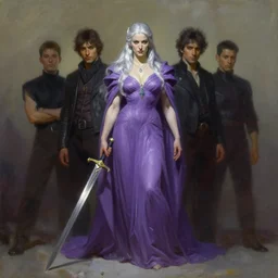frank frazetta painting of queen of hokra, silver white hair, violet long gown, full body, sorceress sword, soft lighting, trending on artstation, by huang guangjian and gil elvgren and sachin teng