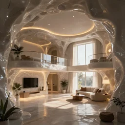 a futuristic apartment interior in the style of a plastic cave, warm LED lighting, wide angle lens, by craig mullins, octane rendering