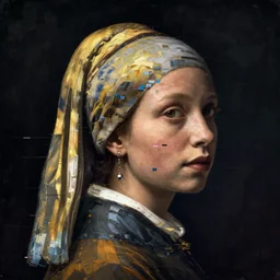 a woman's face in profile, made of glitch art, in the style of the dutch masters and gregory crewdson, dark and moody