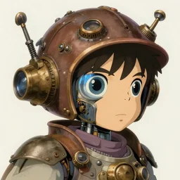 lightboy, right eye is robot, steampunk, ghibli art, high detail, hyper realism, 8 k