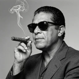 a black and white studio portrait of Roberto Bolaños el chavo del ocho el chanfle wearing sunglasses and smoking a cigar. Tri-x