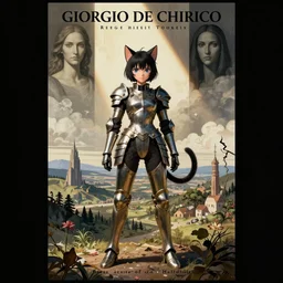 [Poster! of a 3D anime manga armored catgirl in a stunning landscape by Giorgio de Chirico, Rene Magritte, George Tooker, Titian]