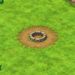 empty grass field with patch of dirt in the center with a small stone circular structure in the dirt, at midday, from a point and click 2 d graphic adventure game, art inspired by thomas kinkade, king's quest, sierra entertainment games