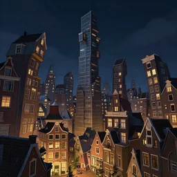 a magical town with tall crooked buildings, deformed tall buildings, slanted tall buildings, inspired by amsterdam and victorian england, night time, digital painting, highly detailed, concept art, game art, matte painting, trending on artstation, octane render, 8 k, unreal engine