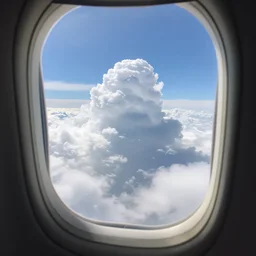 beautiful sky from inside airplane window sun big fluffy clouds close ultra realistic 4k
