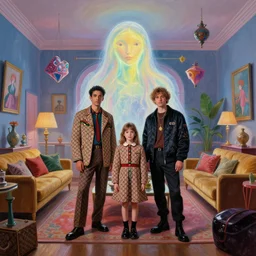 a painting portrait of a costumed family wearing gucci and balenciaga streetwear being shown the creative culture of other dimensions in the room by a large glowing otherworldly creature in their super hip living room, creative playground museum, multidimensional, designed by gucci and wes anderson, floating unexpected creative cultural details, cinematic look, in the style of edward hopper, james jean, petra collins and mc. e