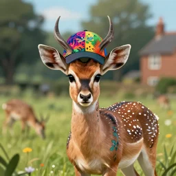 a dik dik with tattoos and wearing a baseball hat, colorful, environment england, uk, digital art, fantasy, magic, trending on artstation, ultra detailed, professional illustration by basil gogos