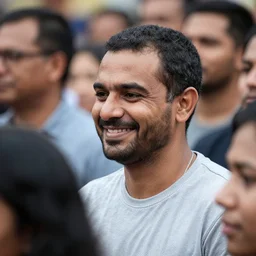 a man smiling at a crowd