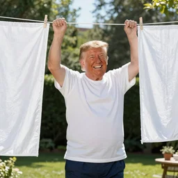 hyper realistic photo, happy Donald Trump hanging white linen sheets on a clothesline in a backyard, sunny day