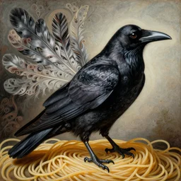 a raven made of spaghetti, intricate and elegant feathers made of fractals of spagetthi, highly detailed, by giuseppe arcimboldo and ambrosius benson, renaissance, romanticism, intricate and intense oil paint, a touch of beksinski, realistic, no duplicates