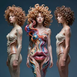 Vass Roland cover art body art future bass girl unwrapped!!! smooth!!!!! body fabric unfolds statue bust curls!!! of hair petite lush front and side view body photography model full body curly jellyfish lips art contrast vibrant futuristic fabric skin jellyfish material metal veins style of Jonathan Zawada, Thisset colours simple background objective