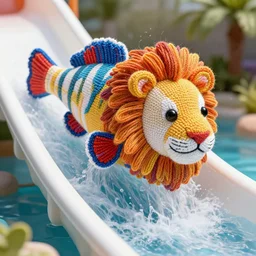 a closeup photorealistic photograph of a colorful knitted barracuda themed lion dropping down a water slide. intricate stitching. professional capture. bright scene. this 4 k hd image is trending on artstation, featured on behance, well - rendered, extra crisp, features intricate detail, epic composition and the style of unreal engine.