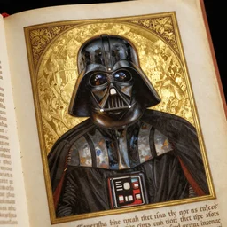 Darth Vader in a page from from an illuminated manuscript, gold leaf, high detail
