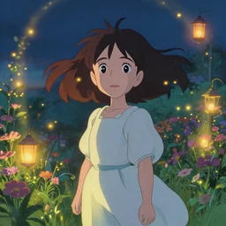 well - lit art nouveau portrait of a young innocent girl with hair blowing in the wind in a flower garden with lanterns and fireflies at night, pixar style, ghibli studio, anime style, trending on deviantart, natural lighting, path traced, highly detailed, high quality, godrays, complementary colors, beautiful landscape, cartoon, high coherence, soft lighting, soft colors, digital art, digital painting, matte, by don bluth and alphonse mucha and ross tran