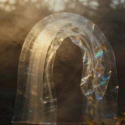 7 0 mm photograph of refractive caustics casting through silken and mesoglea - transparent colloid layers ambiently occluding and striating, coalescing from the mist, forming a detailed transparent sculptural recreation of the refractive arches from roger dean's paintings, chiaroscuro golden hour cinematic lighting, 8 k still