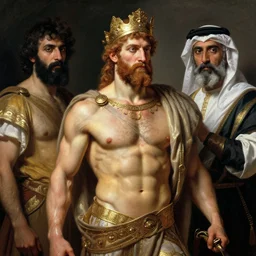muscular greek king, orientalist intricate portrait by john william waterhouse and edwin longsden long and theodore ralli and nasreddine dinet, hyper realism, dramatic lighting