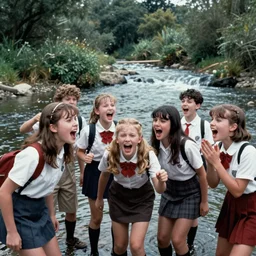 7 0 s film still from a horror movie about teenagers yelling near a river, kodachrome, cinecolor, cinestill, film grain, film texture, retro, cinematic, high resolution, photorealism,