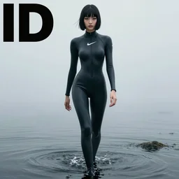 walking on water, youthful asian blade runner demure, 3 5 mm, exquisite features, feminine cut, pris mascara, nike neoprene suit, misty, death stranding, id magazine photoshoot