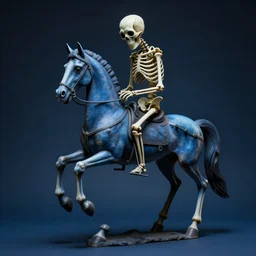 a scuplture of a sad skeleton riding a horse with very long legs and neck, haunted, in the style of dali, plastic, blue, hyperdetailed, ultra realistic, octane render, 8 k, cinematic, atmospheric lighting, dark volumetric lighting