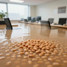 photograph of a office flooded with baked beans