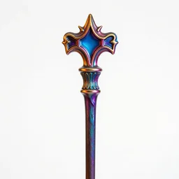 neon wizard staff, high detail macro photography, isolated on a pure white background, centered, entire object in frame, sharp focus, soft studio lighting