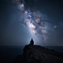 4K ultra HD detailed award-winning wallpaper of silhouette of man sitting on top of mountain cliff looking at huge vast sky storm Milky way
