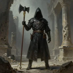 a hyperdetailed painting of a dark executioner wielding a huge axe standing in the middle of an ancient ruined temple, by beksinski, wayne barlowe, adrian smith fantasy art, ruan jia, trending in artstation, - n 9