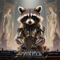 cyborg dj raccoon mixing on stage, diffuse lighting, fantasy, intricate, elegant, highly detailed, lifelike, photorealistic, digital painting, artstation, illustration, concept art, smooth, sharp focus, art by john collier and albert aublet and krenz cushart and artem demura and alphonse mucha