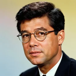 A colorful studio portrait of JFK wearing elegant thin-rimmed glasses; f/1.4, 90mm
