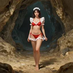 a beautiful maid in a bikini standing in a boundless cave, digital illustration, fantasy, art, amazing detail, in the style of greg rutkowski