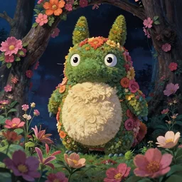 spirit creature in the flowers at night made by studio ghibli, beautiful scene, detailed, high quality, high details, smooth,