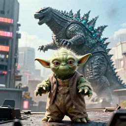 movie still of yoda as godzilla destroying tokyo in the new godzilla movie, giant yoda