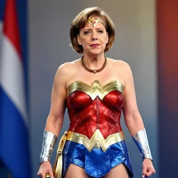 scenic portrait of angela merkel dressed as wonderwoman