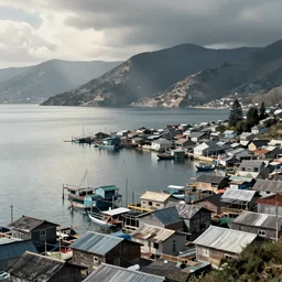 fishing village crowded with houses around a lake, concept art, digital painting, style of jordan grimmer, warm lighting, futuristic, volumetric lighting, view from below, vivid colours, bright, daytime, godrays, high detail