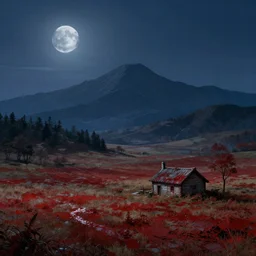 Blood soaked fields with large mountains in the distance, small cottage in the foreground, nighttime, moon in the night sky, landscape wallpaper, d&d art, fantasy, painted, 4k, high detail, sharp focus
