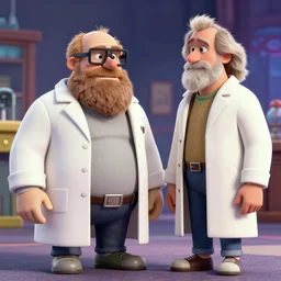 Big Muzzy back to future scene and meet Doctor Emmett Brown inspired by Muzzy in Gondoland cartoon, Moebius, Greg Rutkowski, Zabrocki, Karlkka, Jayison Devadas, Phuoc Quan, Sadamoto Yoshiyuki, trending on Artstation, 8K, ultra wide angle, zenith view, cyberpunk pincushion lens effect