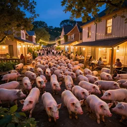 this place is truly beautiful and the atmosphere is buzzing the town lights are glowing particularly brightly tonight all these pigs look beautiful, trending on artstation,