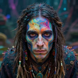 hyperrealistic close - up portrait of psychedelic!!!!!!!!!! neuro - shaman hippy highly detailed concept art eric zener elson peter cinematic hard lighting high angle hd 8 k sharp shallow depth of field, inspired by denis villeneuve and zdzisław beksinski